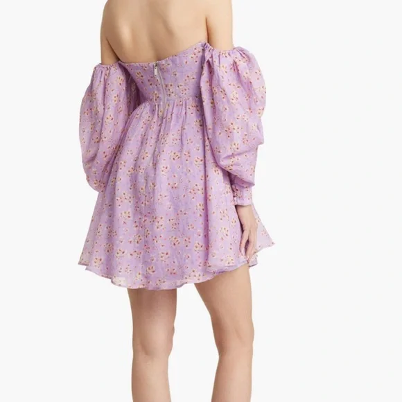 Bardot Off Shoulder Floral Lavender Long Sleeve Dress - Picture 2 of 5